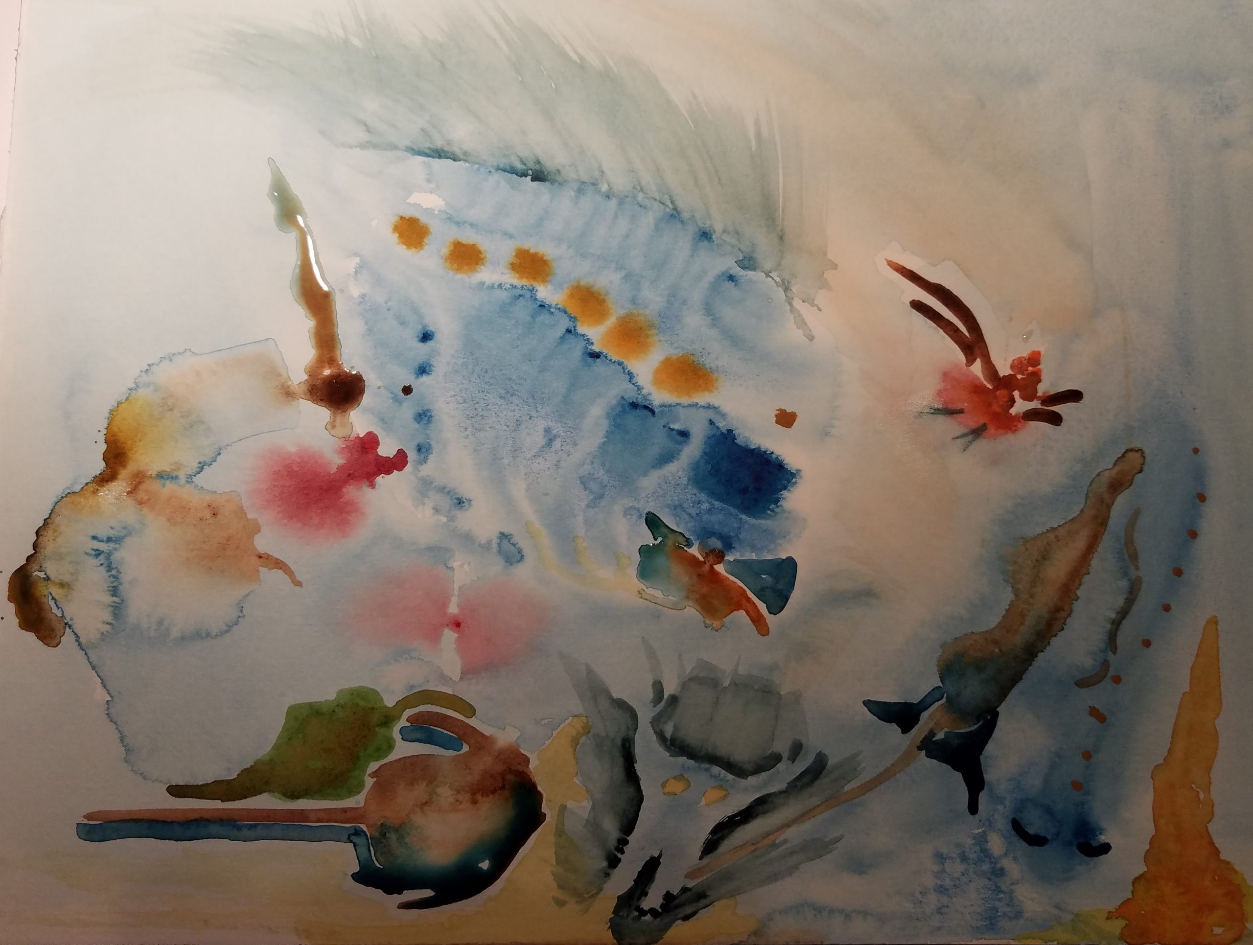 Watercolor: undefined shapes in blending shades of blue, brown, yellow and faint red suggestive of swimming or flight.