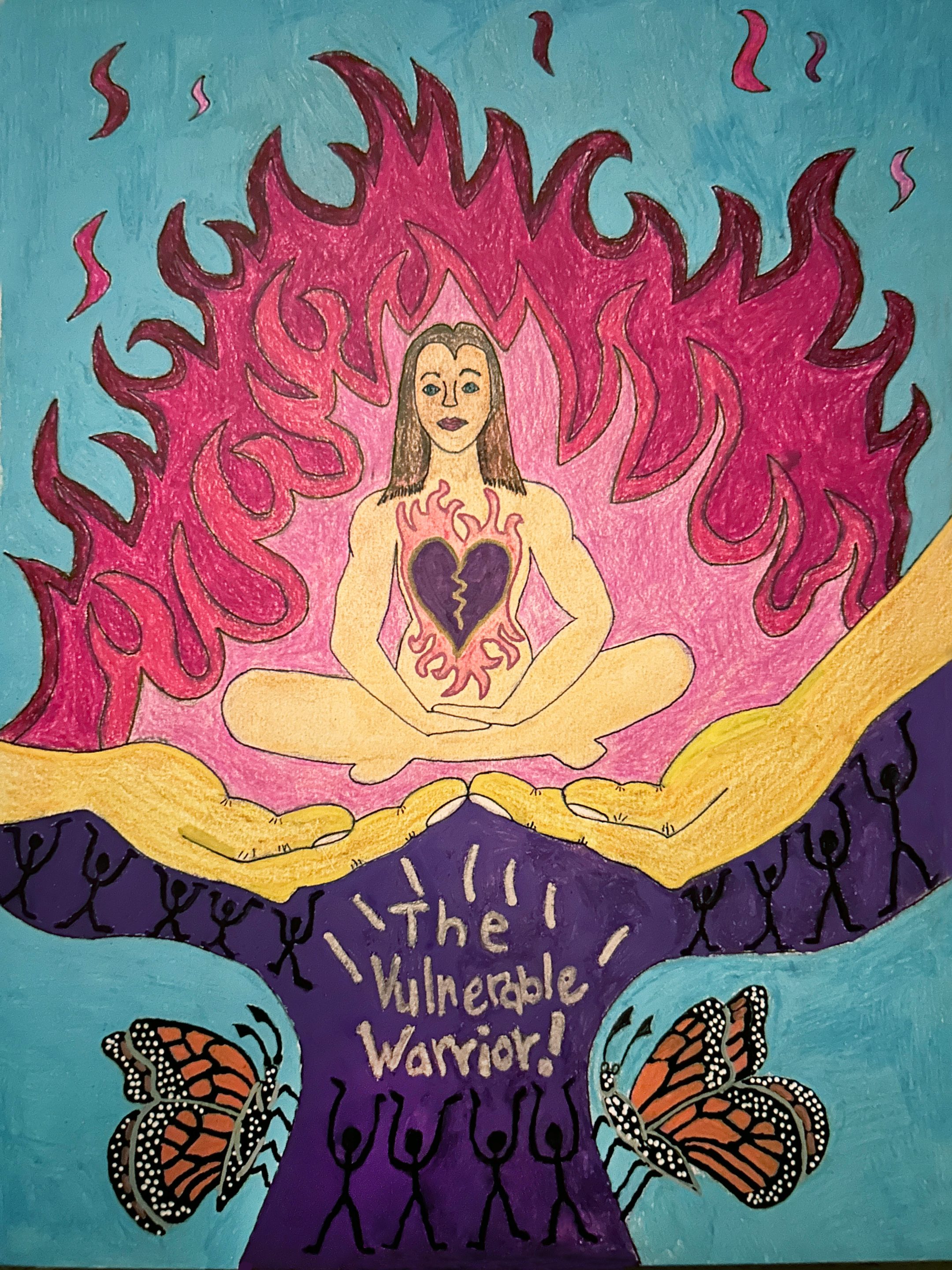 A surrealistic image, comprised of a women with a broken purple heart, healed with a gold jagged line, as kintsugi, on top of pink flames located in the center of her chest. She is seated in a meditative position in the center, support by the universes large hands that extend to the right and left in the center of the page, which is further supported by her community represented as black stick people that are place within a goblet pedestal, with monarch like butterfly on the left and right side, above the hands the women sits in pink flames representing her power and source of renewal. All of this is placed on a light blue background that fills in the rest of the rectangle space.